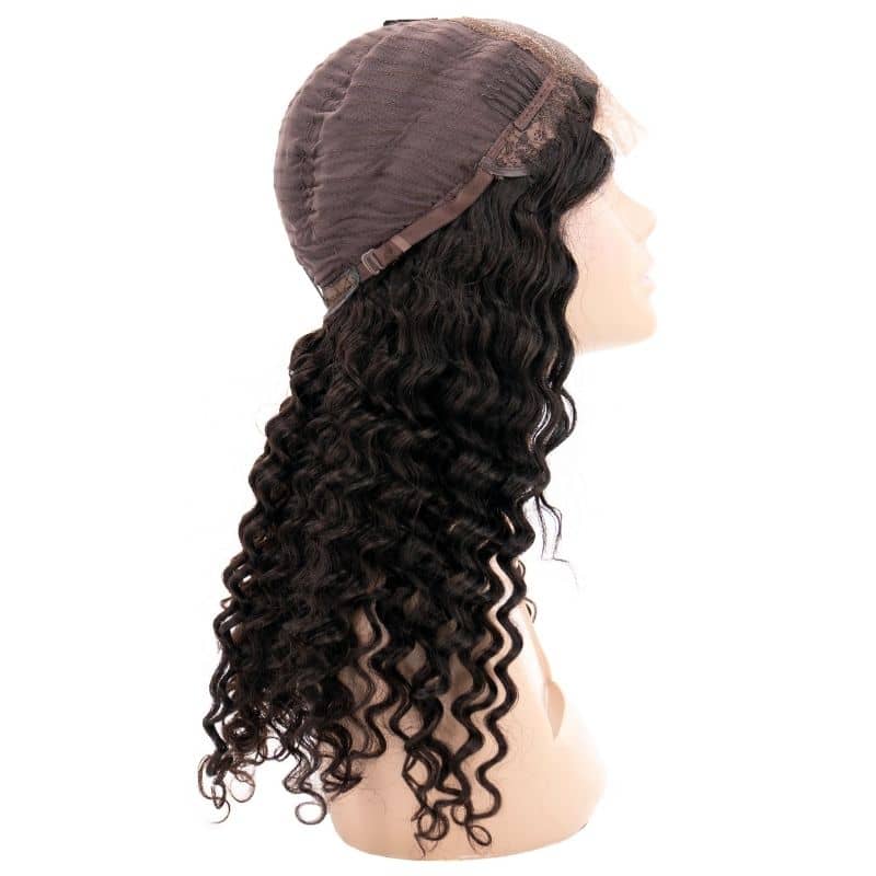 Human Hair Wig - Deep Wave 4x4 Transparent Lace Closure Wig - Natural Black (1B) - side profile showing cap construction