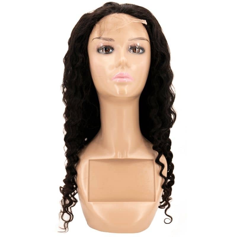 Human Hair Wig - Deep Wave 4x4 Transparent Lace Closure Wig - Natural Black (1B) - front view on mannequin with lace visible
