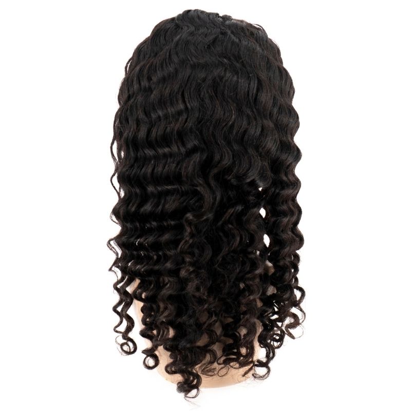 Human Hair Wig - Deep Wave Headband Wig - Natural Black (1B) - back view showing length and wave pattern