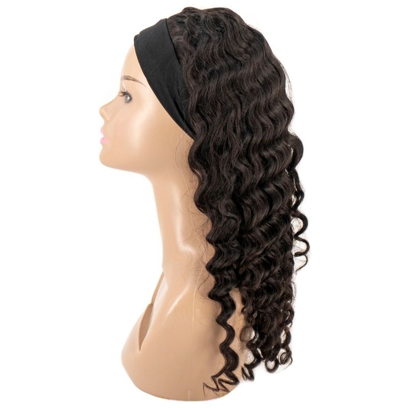 Human Hair Wig - Deep Wave Headband Wig - Natural Black (1B) - side profile with black headband on mannequin