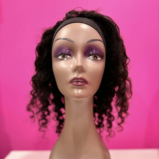 Front view of 14 inch deep wave headband human hair wig in natural black on mannequin showing headband attachment and face-framing curls