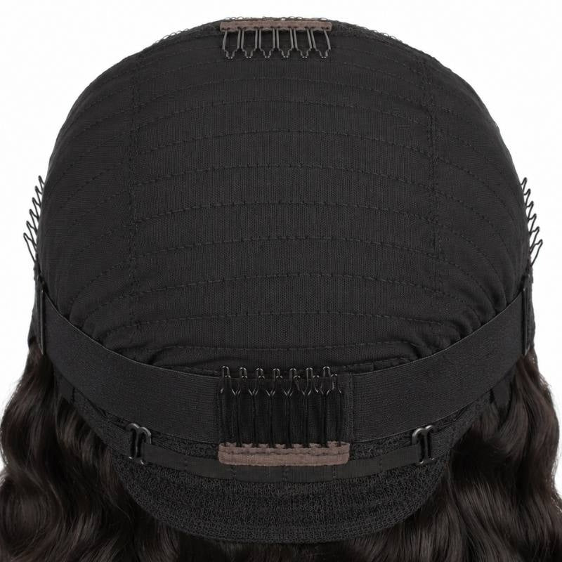 Back of the cap on a natural black body wave human hair wig showing the combs and the elastic band that runs around the nape