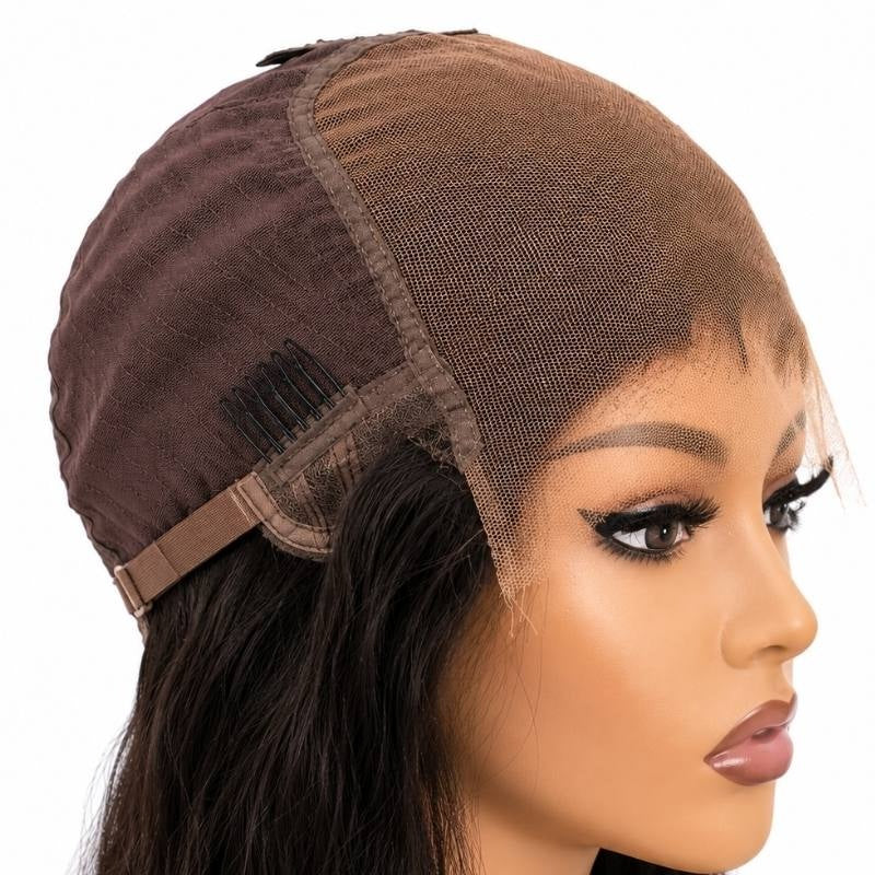 Natural black body wave human hair wig folded back on a mannequin so the square lace closure area, a comb and the elastic strap show