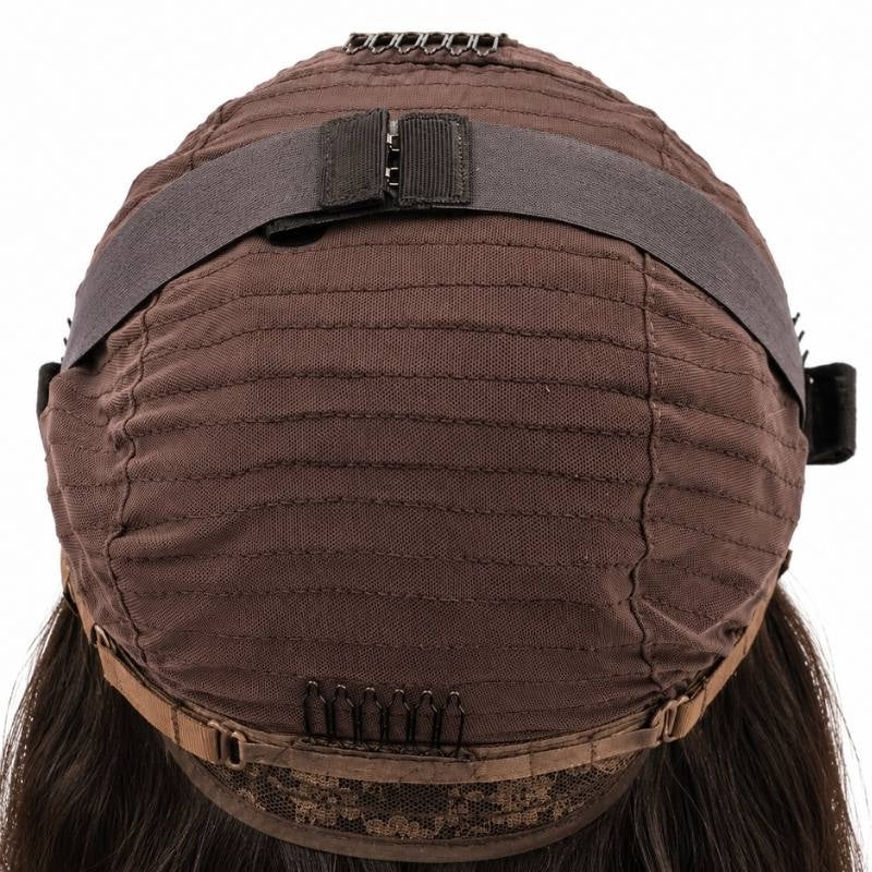 Rear of the cap on a natural black body wave human hair wig showing the adjustable strap with its clasp and the combs at the nape