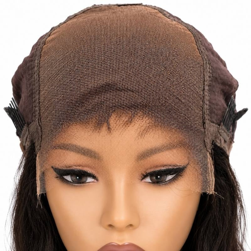Cap of a natural black body wave human hair wig turned forward to show the lace closure panel from underneath with the knots and side combs