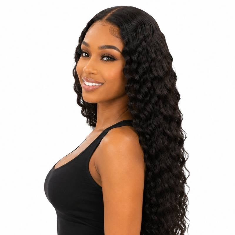 Model turned to the side wearing a natural black deep wave human hair wig with the waves running down past the waist