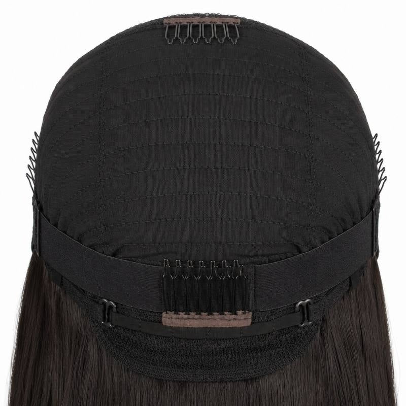 Back of the cap on a natural black straight human hair wig showing the combs and the elastic band running around the nape