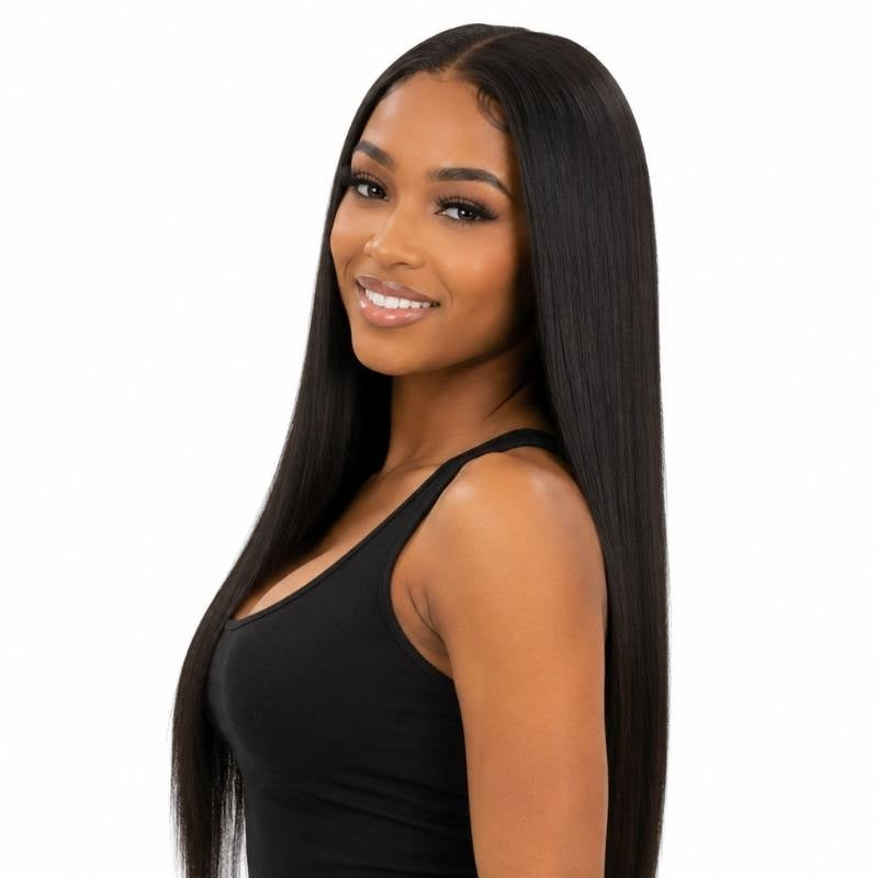 Model turned to the side wearing a natural black straight human hair wig with a middle part and sleek lengths past the waist