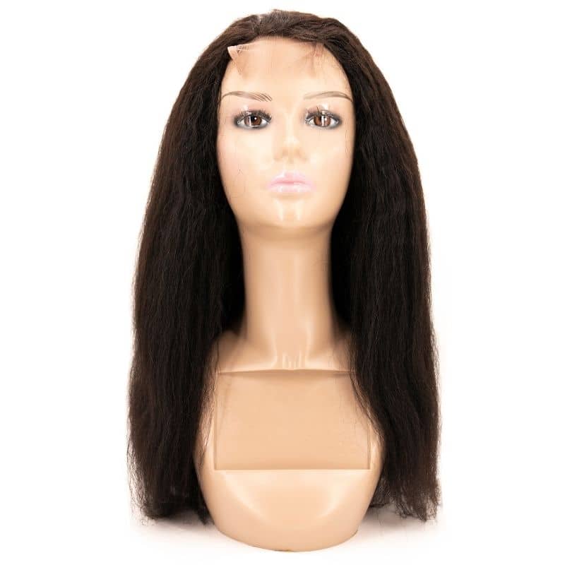 Human Hair Wig - Kinky Straight 4x4 Transparent Lace Closure Wig - Natural Black (1B) - front view on mannequin