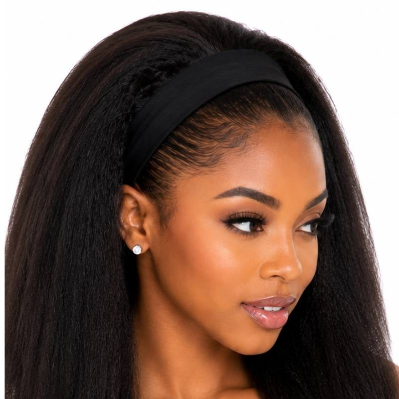 Close crop of a model in a natural black kinky straight headband human hair wig showing the wide fabric band sitting over the hairline