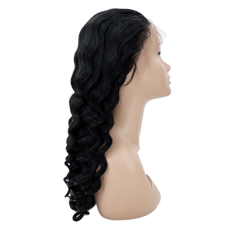 Human Hair Wig - Loose Wave 13x4 Transparent Lace Front Wig - Natural Black (1B) - side profile on mannequin head