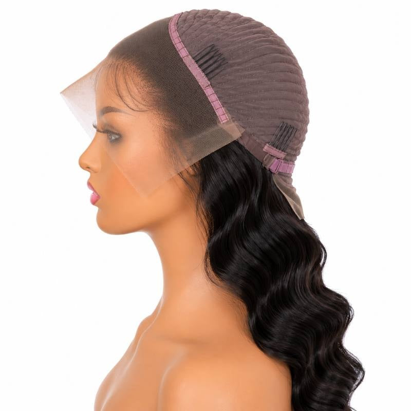 Cut-away view of a loose wave human hair wig cap on a mannequin showing the lace front panel, stitched weft rows and two combs