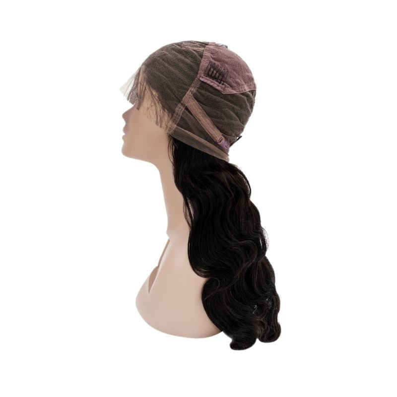Cap of a natural black loose wave human hair wig folded back on a mannequin showing the lace panel, a comb and the adjustable strap