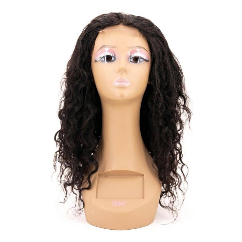 Human Hair Wig - Messy Curl 4x4 Transparent Lace Closure Wig - Natural Black (1B) - front view on mannequin head