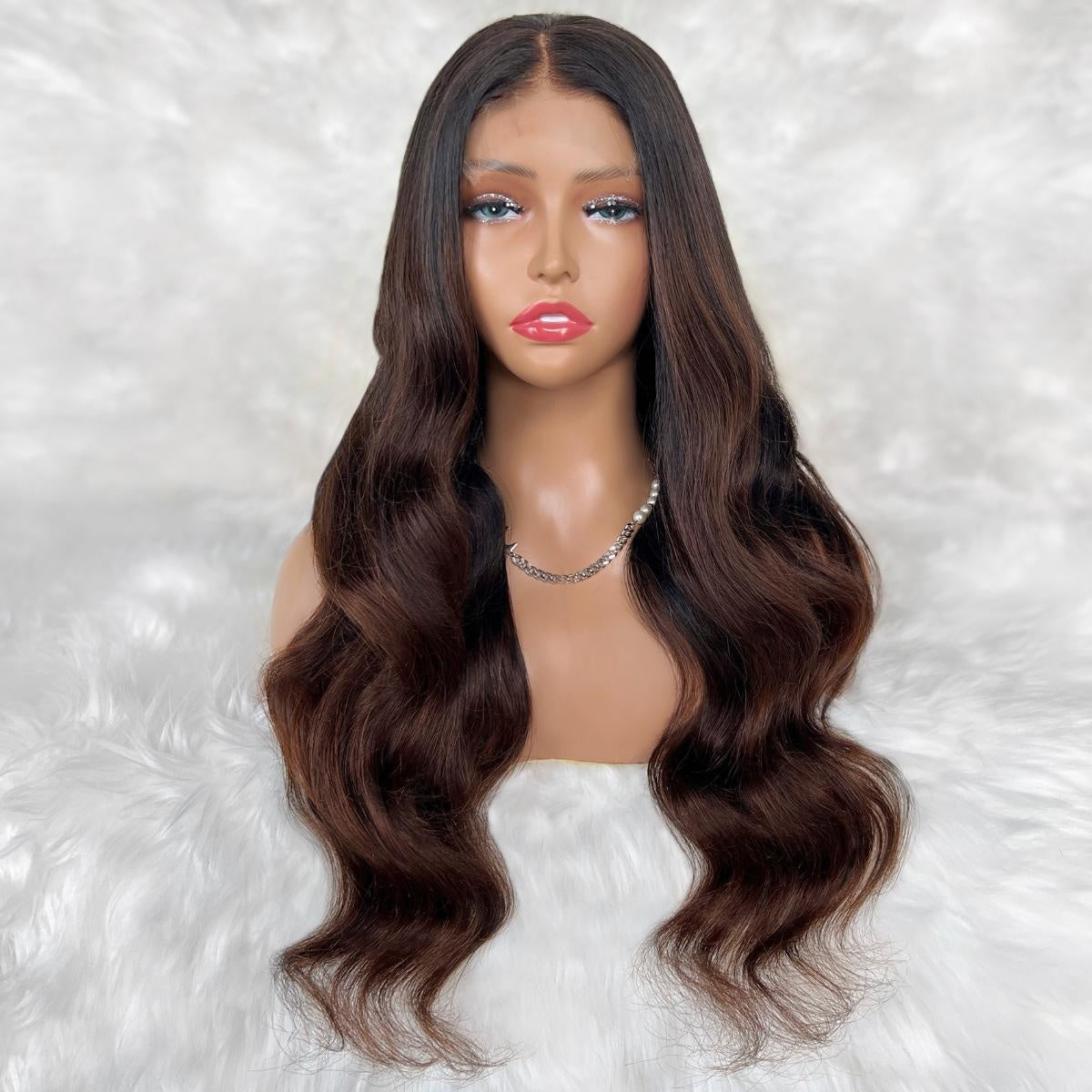 Raw Body Wave Glueless 5x5 HD Lace Closure Wig - Natural Black / Chocolate Brown Ombre (1B/4) - dark brown body wave with caramel highlights, long waves, middle part, front view