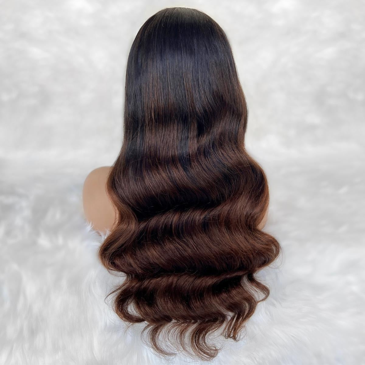 Raw Body Wave Glueless 5x5 HD Lace Closure Wig - Natural Black / Chocolate Brown Ombre (1B/4) - dark brown body wave with warm brown tones, long cascading waves, back view