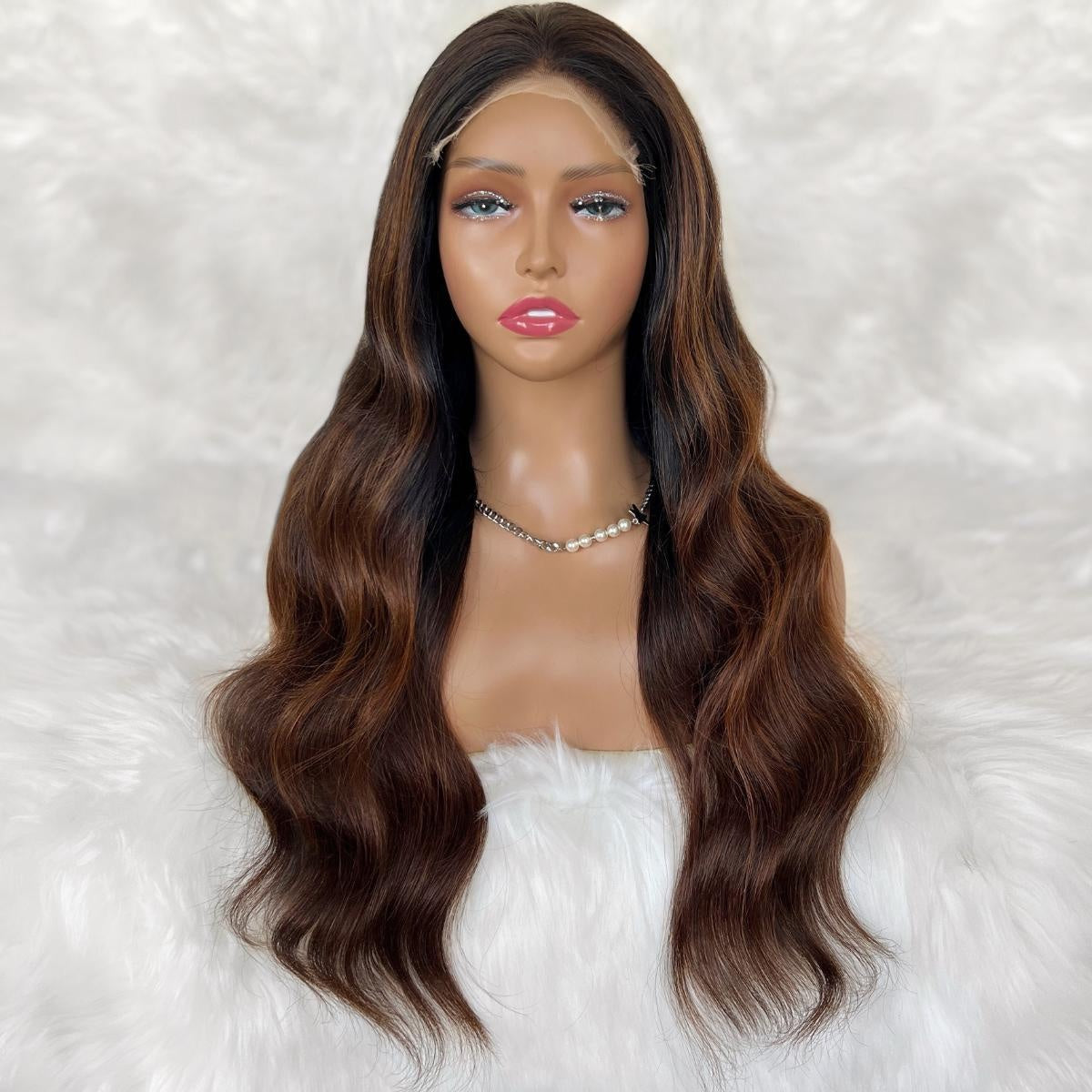 Raw Body Wave Glueless 5x5 HD Lace Closure Wig - Natural Black / Chocolate Brown Balayage (1B/4) - dark brown wig with warm chocolate brown highlights, glueless long body wave, front view