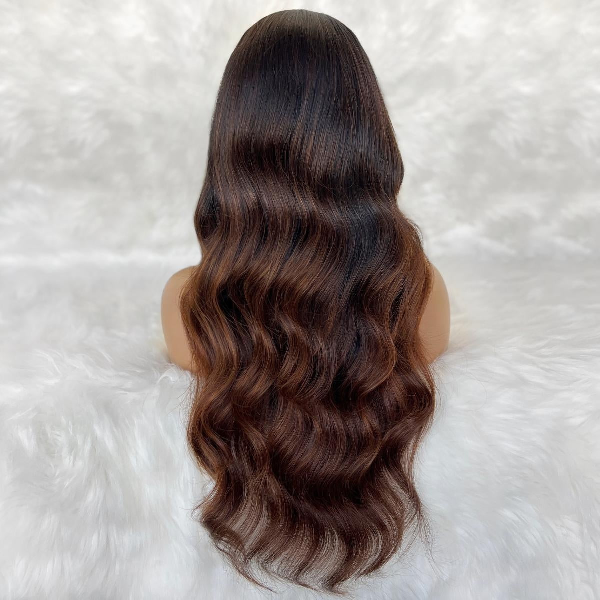 Raw Body Wave Glueless 5x5 HD Lace Closure Wig - Natural Black / Chocolate Brown Balayage (1B/4) - dark brown to chocolate brown balayage body wave long waves, back view