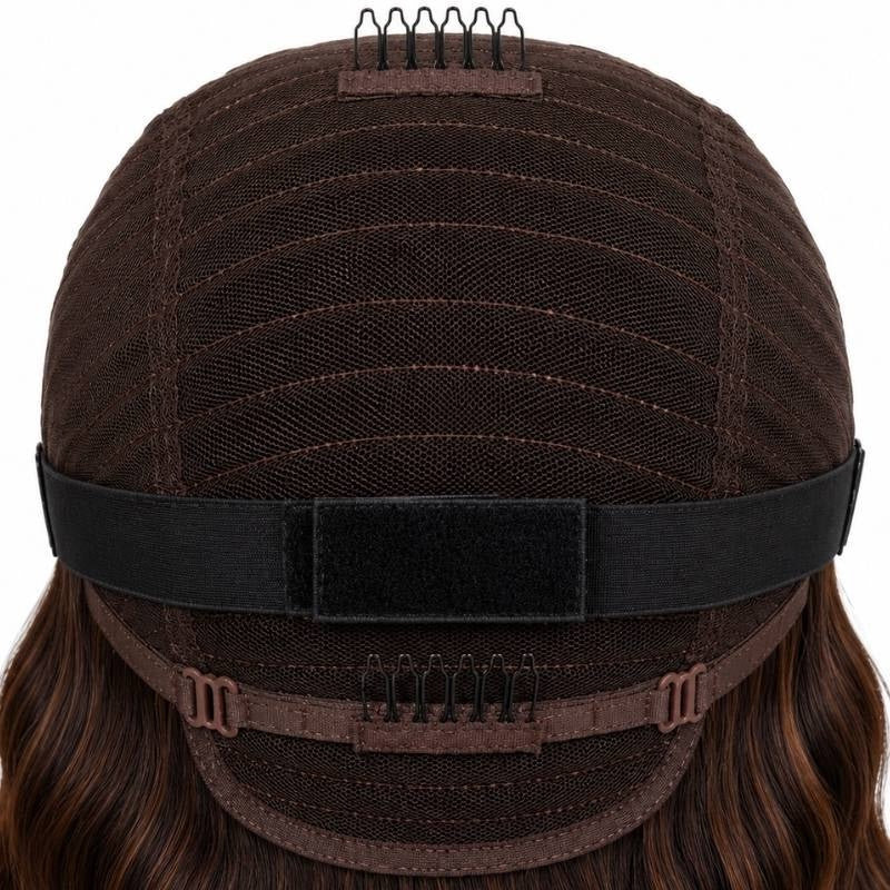 Back of a body wave human hair wig cap showing the elastic band with fastening pad, two adjustable buckles and a comb at the nape