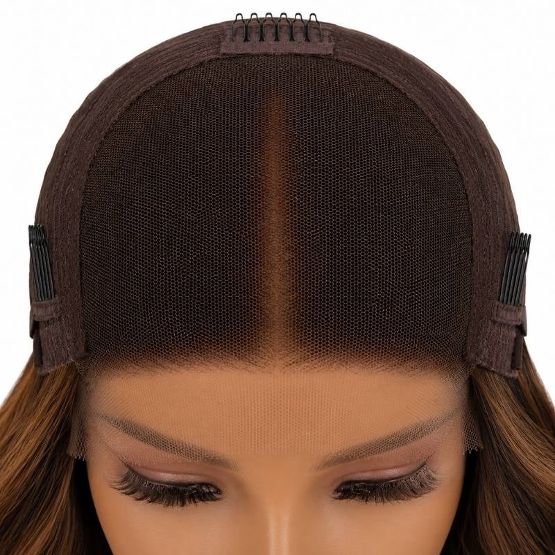 Front of a body wave human hair wig cap on a mannequin showing the closure panel with a centre parting, three combs and lace across the hairline