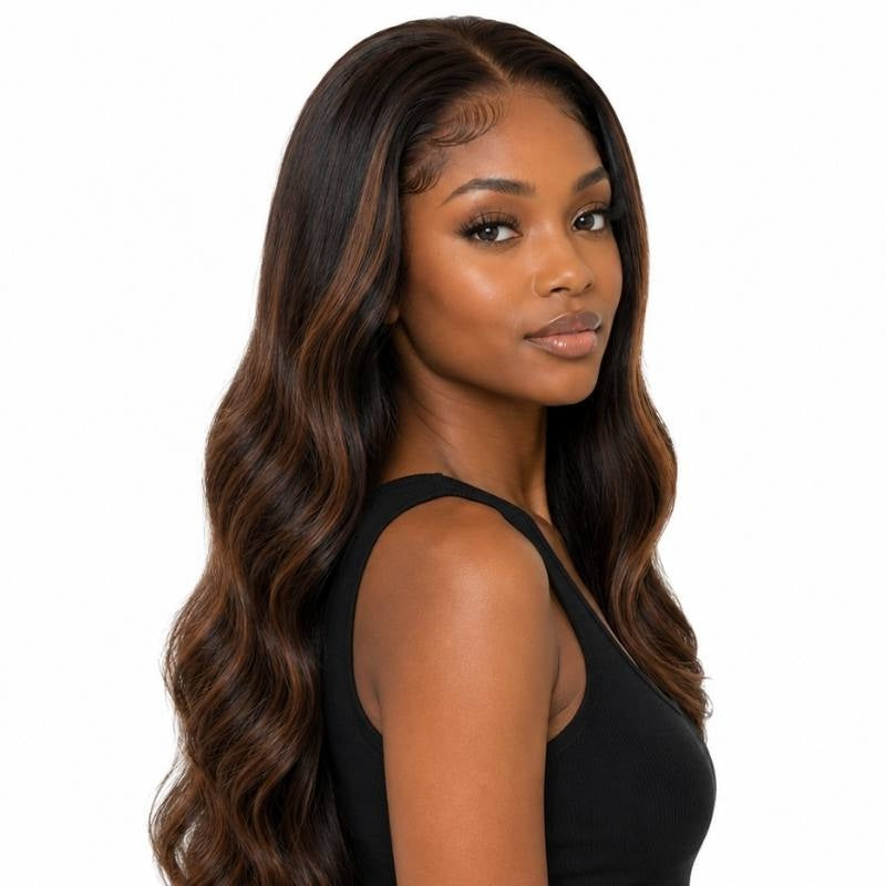 Model in a three quarter turn wearing a natural black body wave human hair wig with chocolate brown balayage lightening the mid lengths and ends