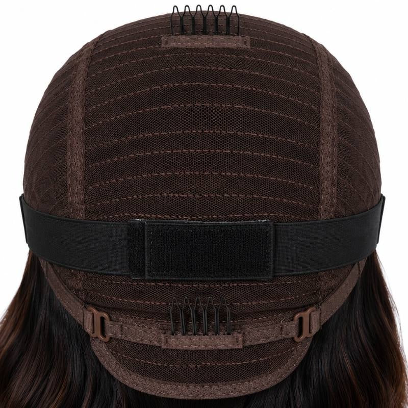 Back of a body wave human hair wig cap showing the elastic band with fastening pad, adjustable buckles and combs at the nape