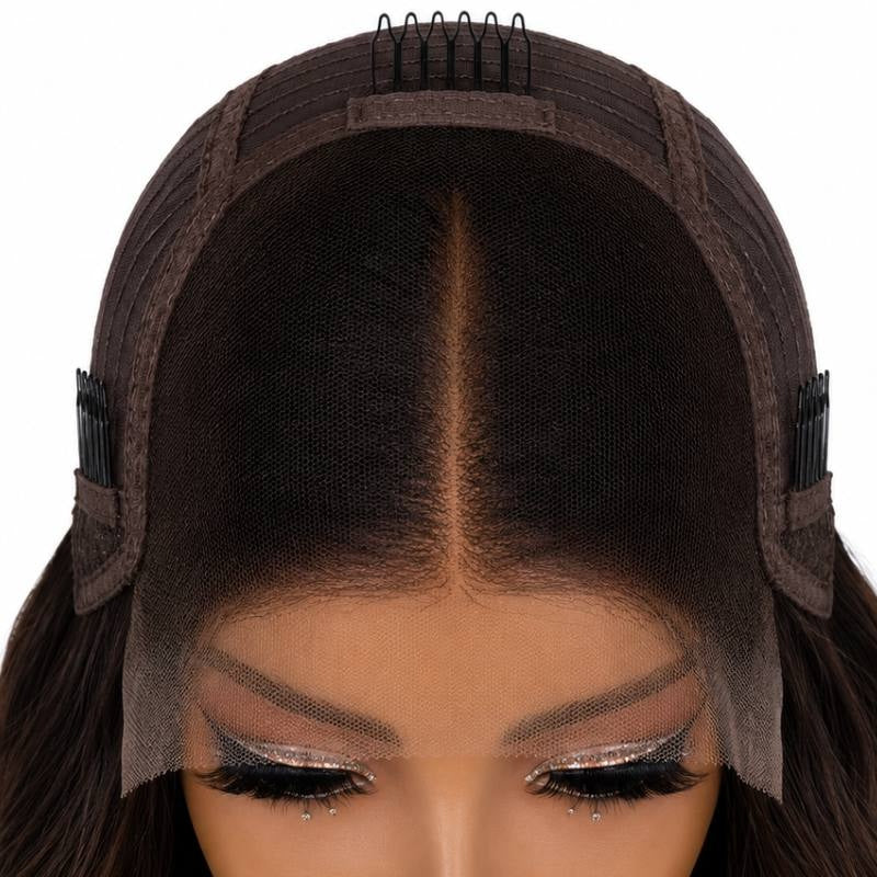 Front of a body wave human hair wig cap on a mannequin showing the closure panel with a parting, three combs and lace at the hairline