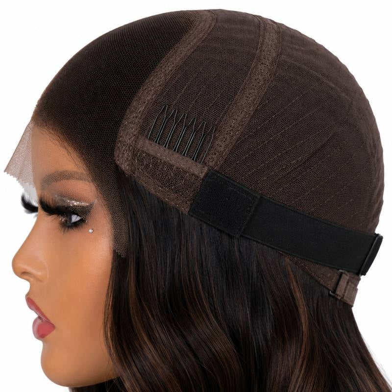 Side view of a body wave human hair wig cap on a mannequin showing the closure panel, a comb and the elastic band around the cap
