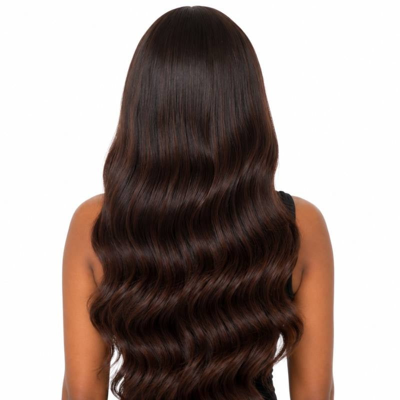 Back view of a natural black to chocolate brown ombre body wave human hair wig on a model showing the wave pattern through the full length