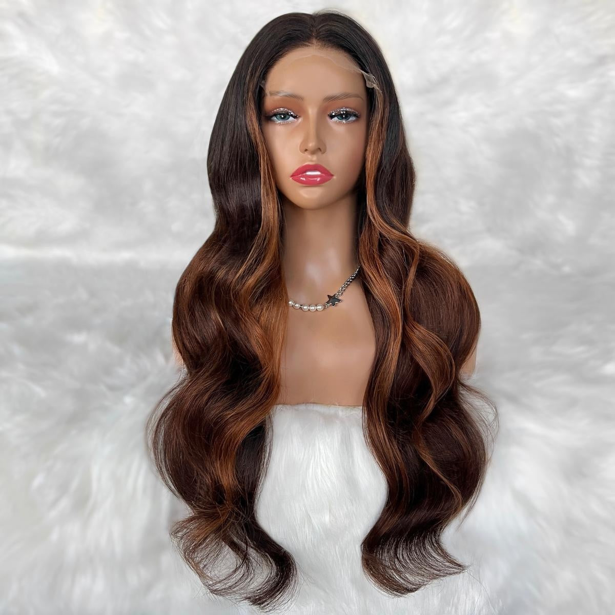 Raw Body Wave Glueless 5x5 HD Lace Closure Wig - Natural Black / Chocolate Brown / Copper Balayage (1B/4/350) - dark-brown to auburn balayage, long voluminous body-wave curls, front view