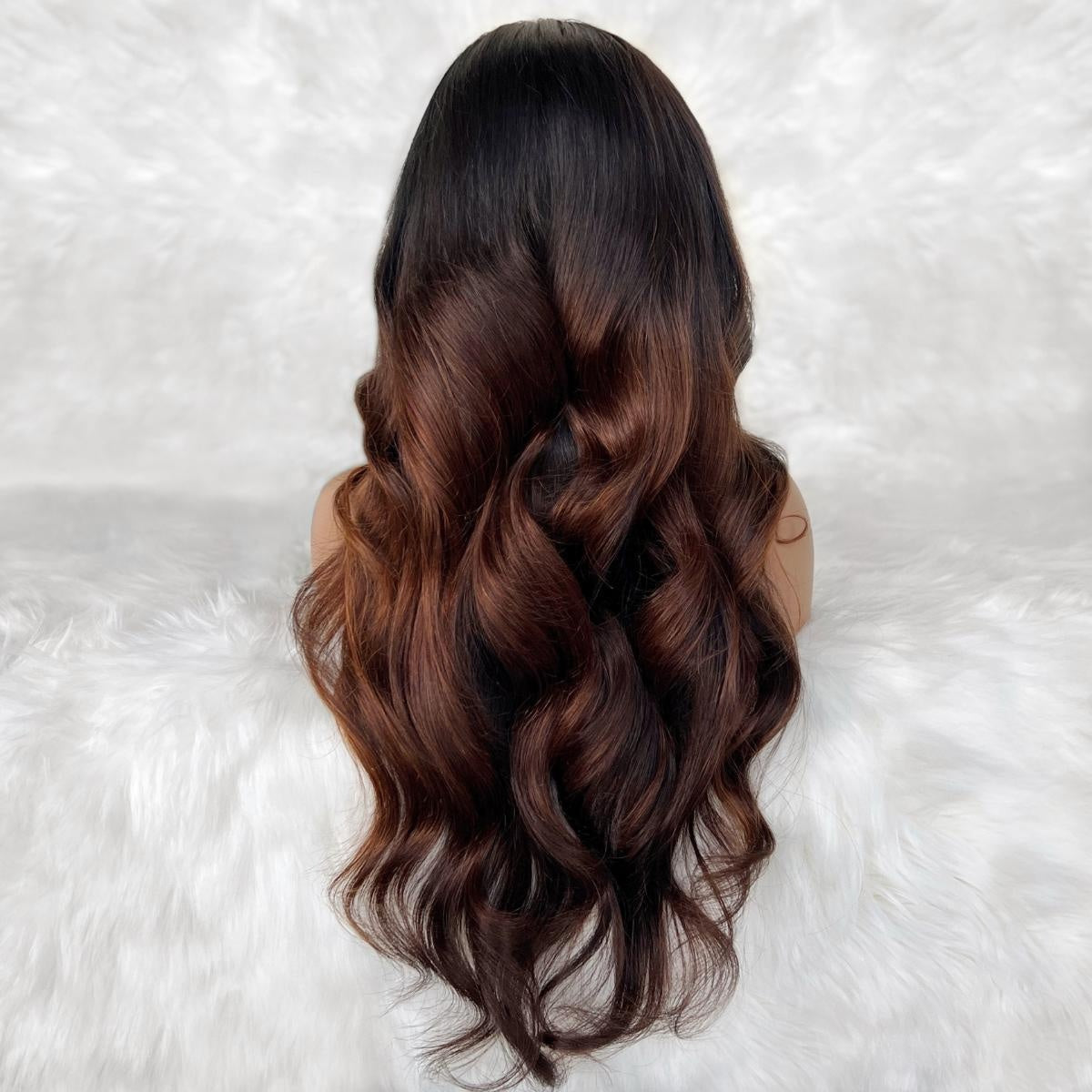 Raw Body Wave Glueless 5x5 HD Lace Closure Wig - Natural Black / Chocolate Brown / Copper Balayage (1B/4/350) - dark-brown to auburn balayage, long flowing body-wave curls, back view