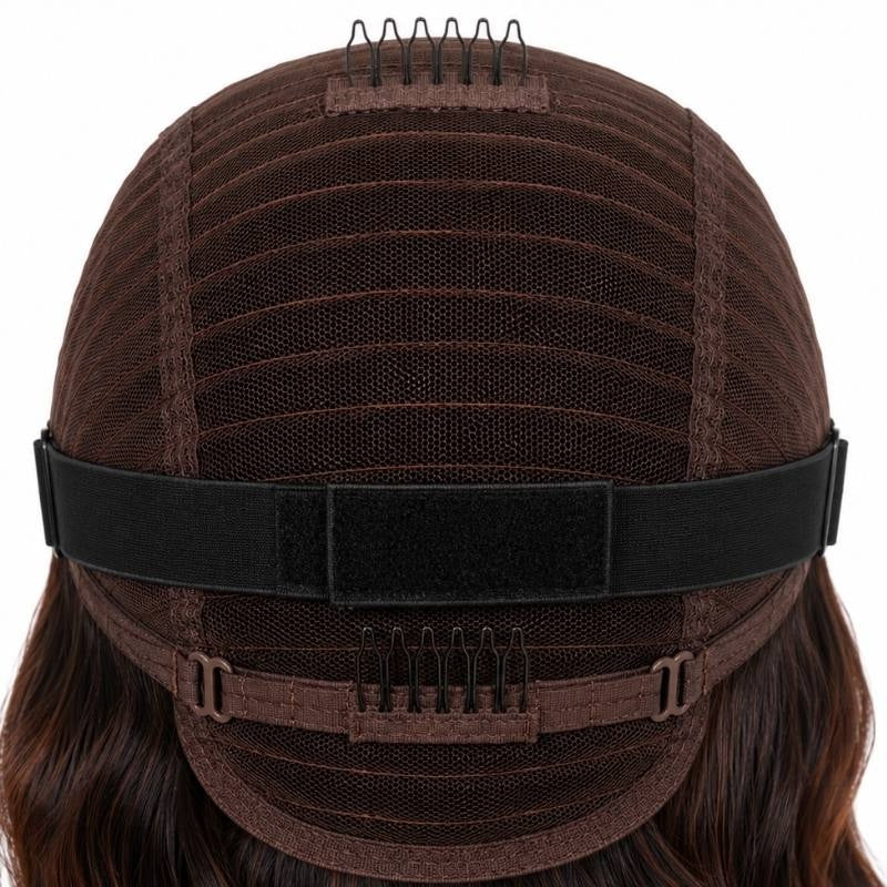 Back of a body wave human hair wig cap showing the elastic band with fastening pad, adjustable buckles and a comb at the nape