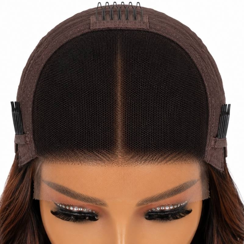 Front of a body wave human hair wig cap on a mannequin showing the closure panel with a centre parting, three combs and lace at the hairline