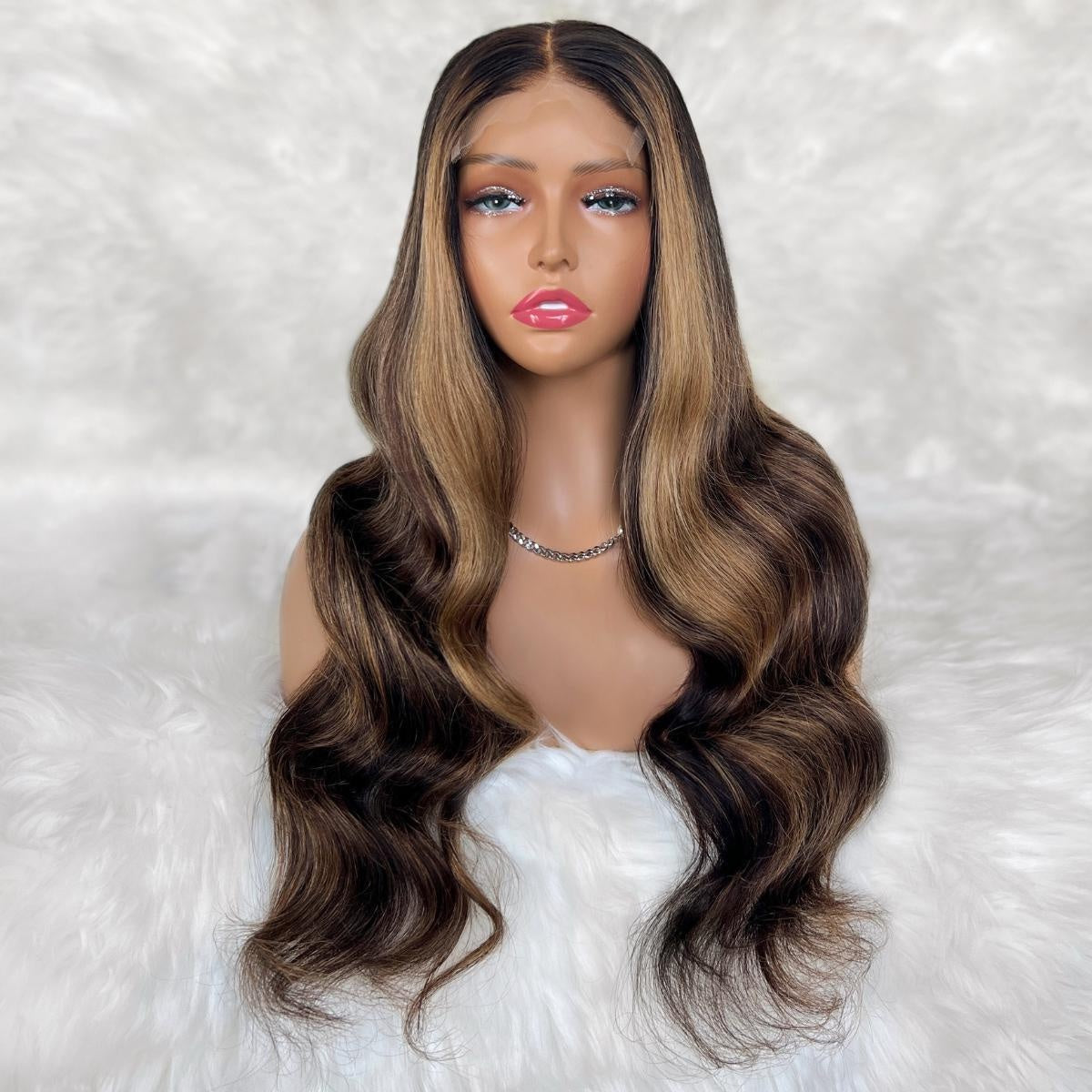 Raw Body Wave Glueless 5x5 HD Lace Closure Wig - Natural Black / Chocolate Brown / Honey Blonde Balayage (1B/4/27) - dark brown body wave with warm blonde highlights, long waves, front view