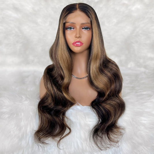 Raw Body Wave Glueless 5x5 HD Lace Closure Wig - Natural Black / Chocolate Brown / Honey Blonde Balayage (1B/4/27) - dark brown body wave with warm blonde highlights, long waves, front view