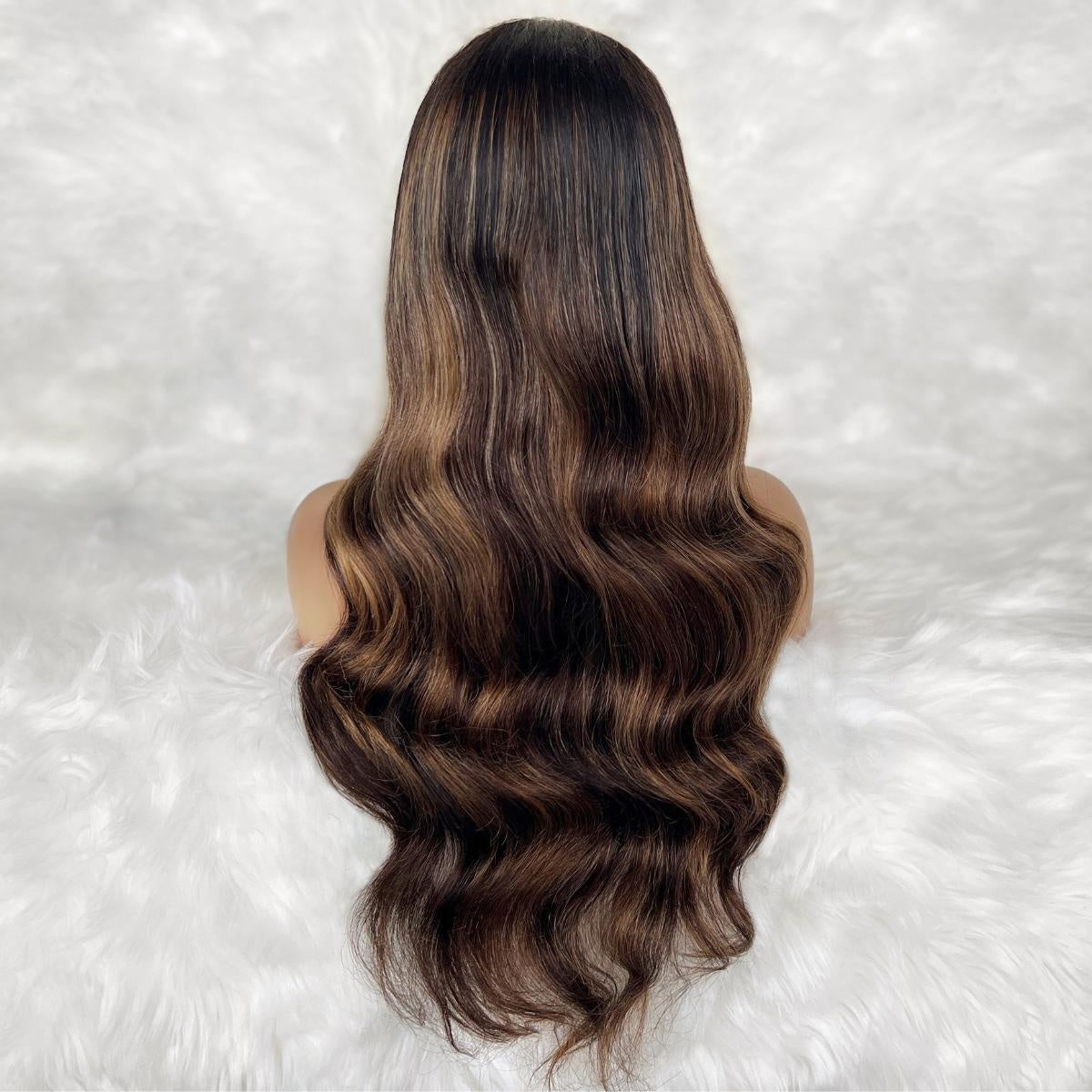 Raw Body Wave Glueless 5x5 HD Lace Closure Wig - Natural Black / Chocolate Brown / Honey Blonde Balayage (1B/4/27) - dark brown body wave with caramel highlights, long full waves, back view