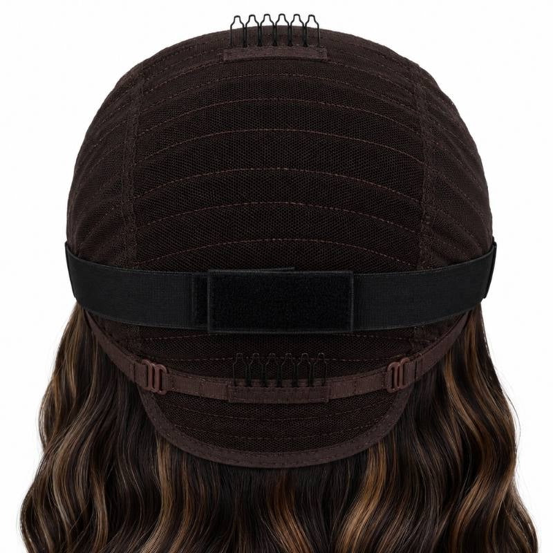 Back of a body wave human hair wig cap showing the elastic band with fastening pad, adjustable buckles and a comb above honey blonde streaked waves