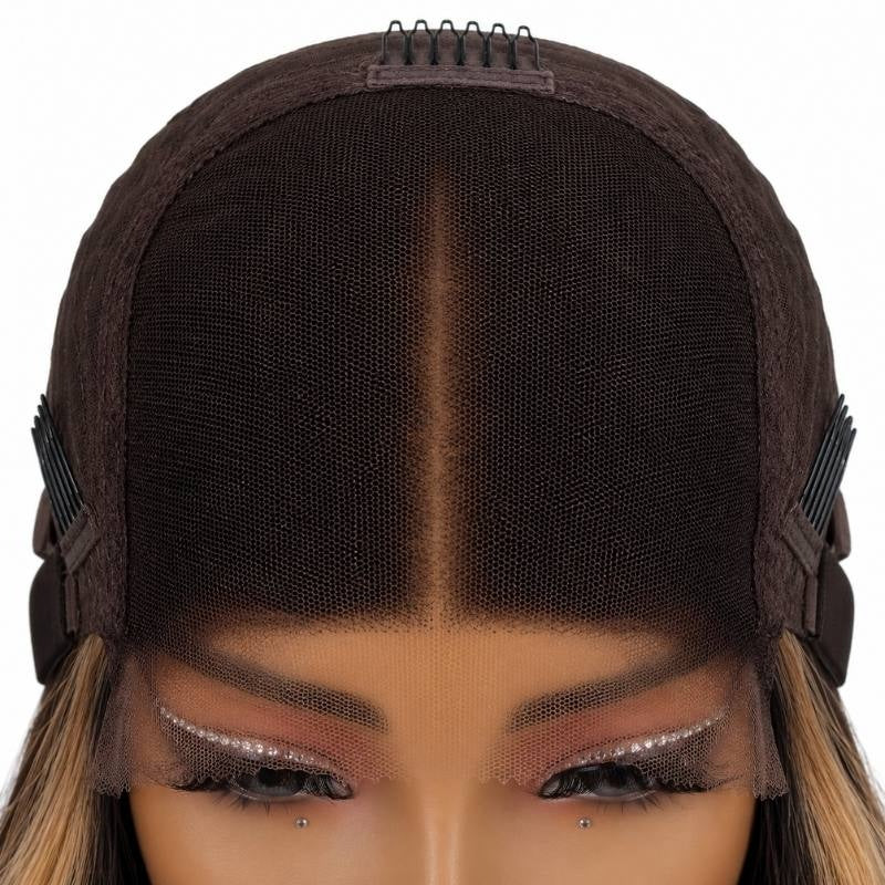 Front of a body wave human hair wig cap on a mannequin showing the closure panel with a centre parting, combs at the temples and lace at the hairline