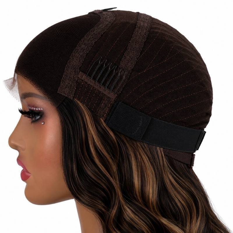 Side of a body wave human hair wig cap on a mannequin showing a comb, the elastic band and honey blonde streaks in the hair below