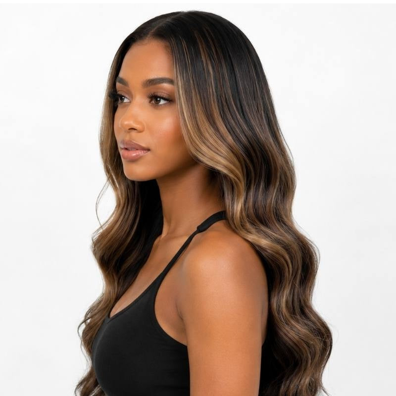 Profile view of a model wearing a natural black body wave human hair wig with honey blonde balayage lighting the mid lengths and ends