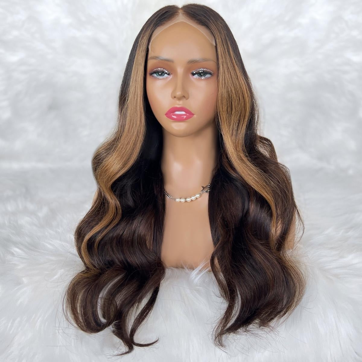 Raw Body Wave Glueless 5x5 HD Lace Closure Wig - Natural Black / Chocolate Brown / Toffee Balayage (1B/4/30) - dark brown body wave with honey caramel highlights, long waves, front view