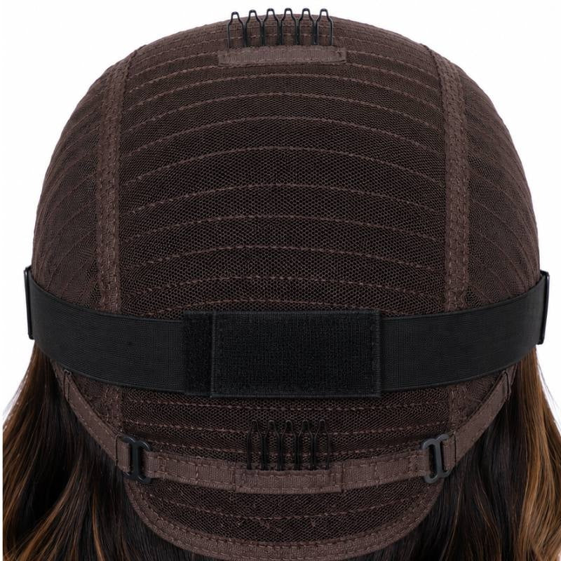 Back of a body wave human hair wig cap showing the elastic band with fastening pad, adjustable buckles and a comb at the nape