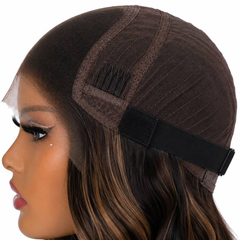 Side of a body wave human hair wig cap on a mannequin showing the closure panel, a comb and the elastic band above toffee streaked waves
