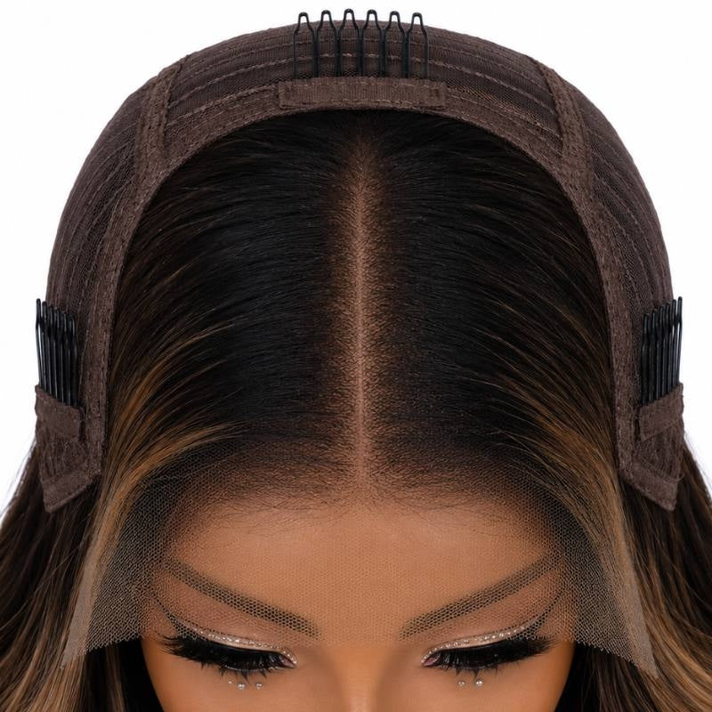 Close-up of the closure on a body wave human hair wig showing a centre parting through the panel, combs at the temples and lace at the hairline