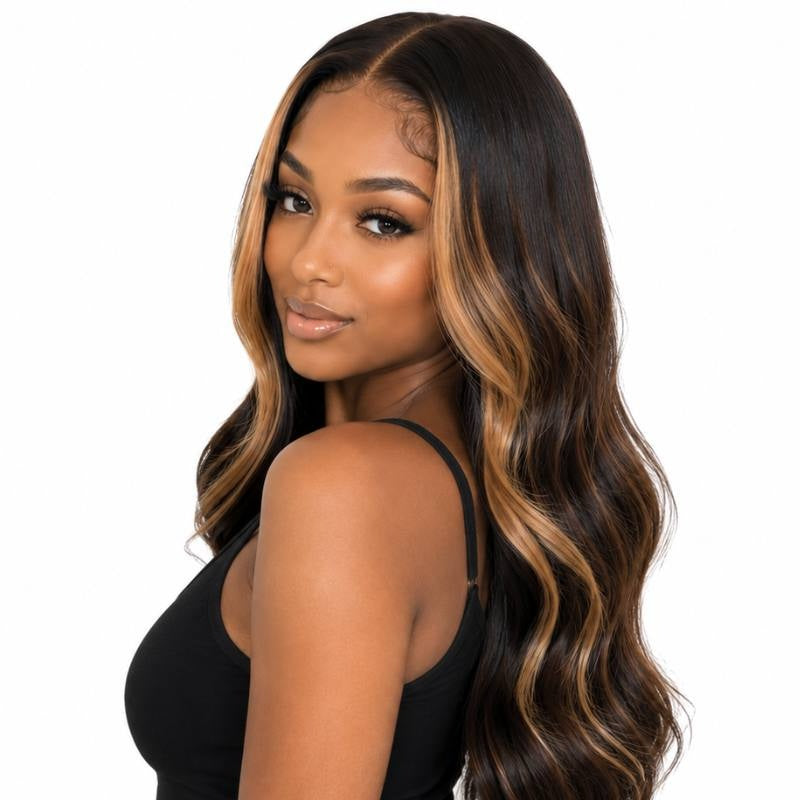 Model looking over the shoulder in a natural black body wave human hair wig with toffee balayage pieces framing the face