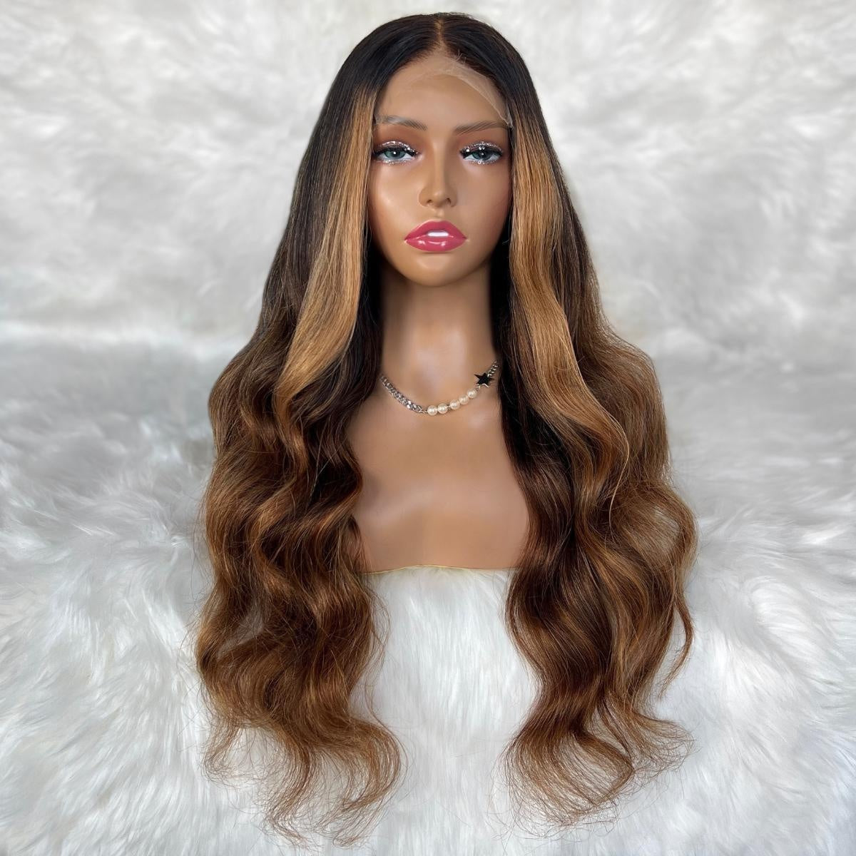 Raw Body Wave Glueless 5x5 HD Lace Closure Wig - Natural Black / Chocolate Brown / Toffee Ombre and Balayage (1B/4/30) - dark brown to toffee highlighted raw human hair long body wave, front view on mannequin