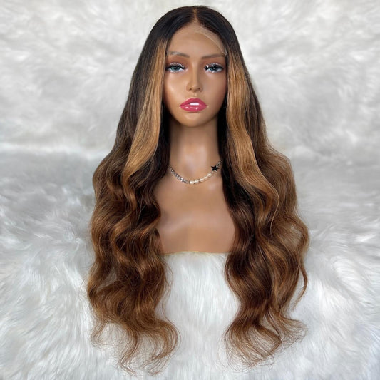 Raw Body Wave Glueless 5x5 HD Lace Closure Wig - Natural Black / Chocolate Brown / Toffee Ombre and Balayage (1B/4/30) - dark brown to toffee highlighted raw human hair long body wave, front view on mannequin