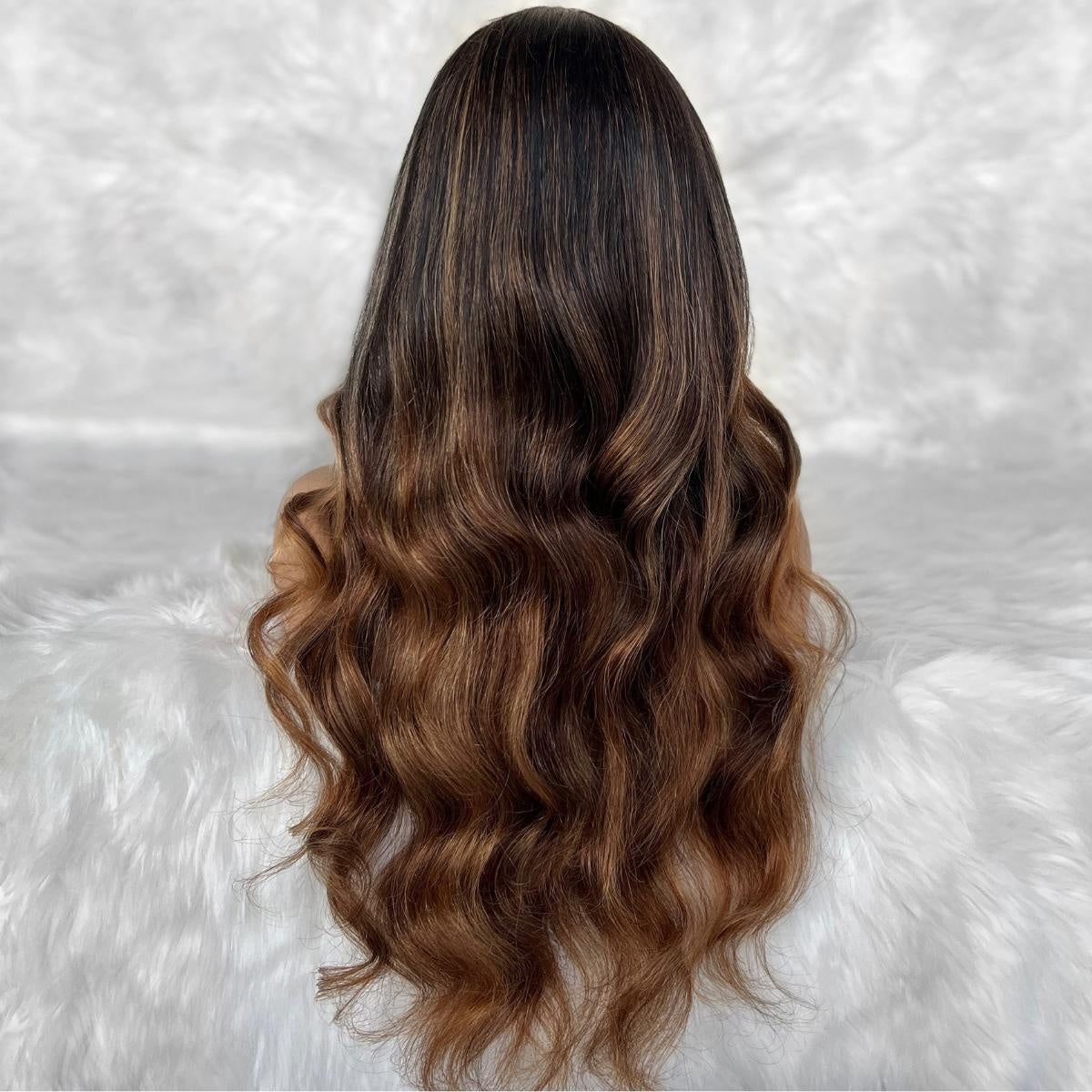 Raw Body Wave Glueless 5x5 HD Lace Closure Wig - Natural Black / Chocolate Brown / Toffee Ombre and Balayage (1B/4/30) - back view of brown to toffee ombre raw human hair glueless, long loose body wave curls
