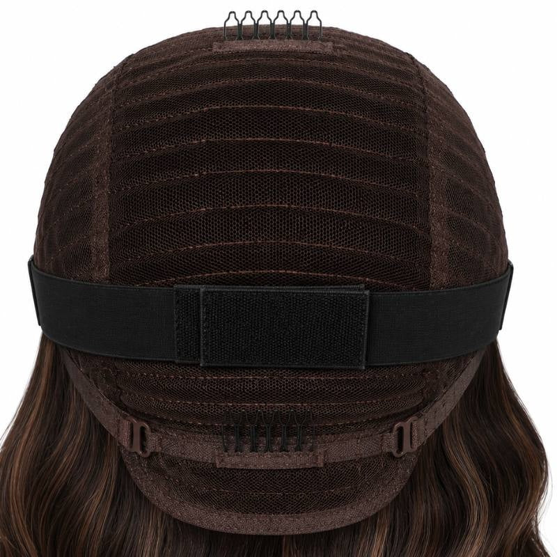 Back of a body wave human hair wig cap showing the elastic band with fastening pad, adjustable buckles and a comb at the nape