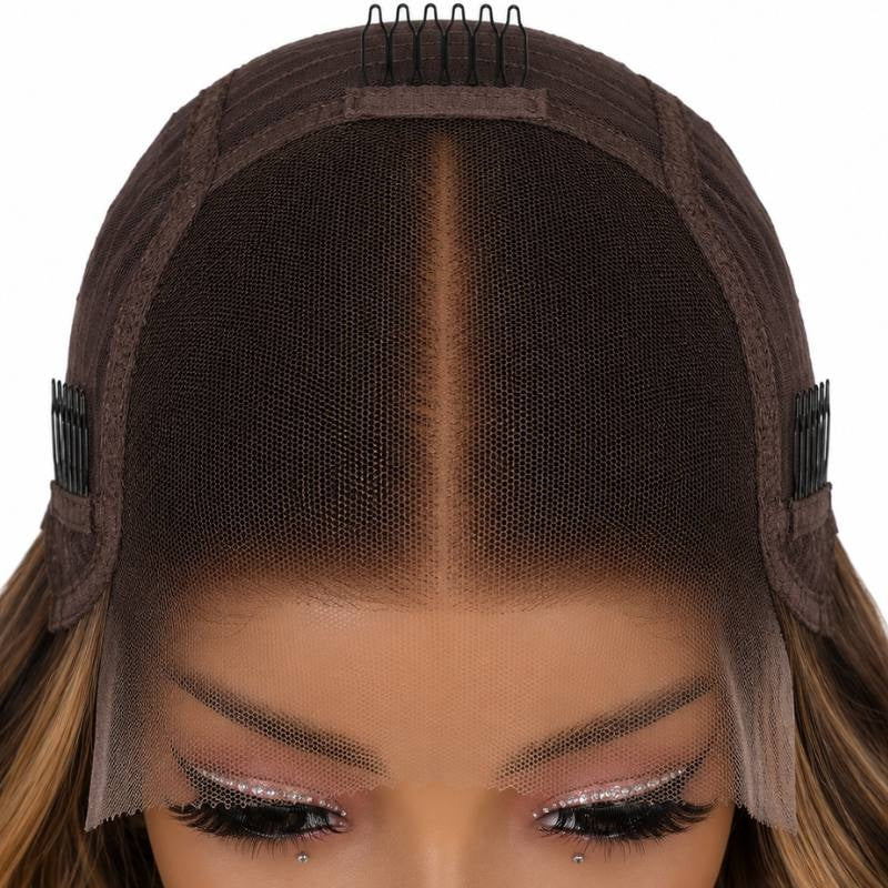 Front of a body wave human hair wig cap on a mannequin showing the closure panel with a centre parting, three combs and lace across the hairline